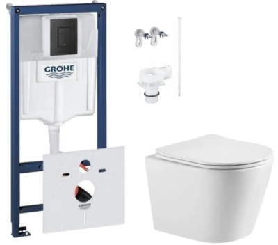 Комплект 4в1: Инсталляция с панелью смыва 1000046, унитаз со смывом торнадо и сиденьем WCT3030 SSWW 