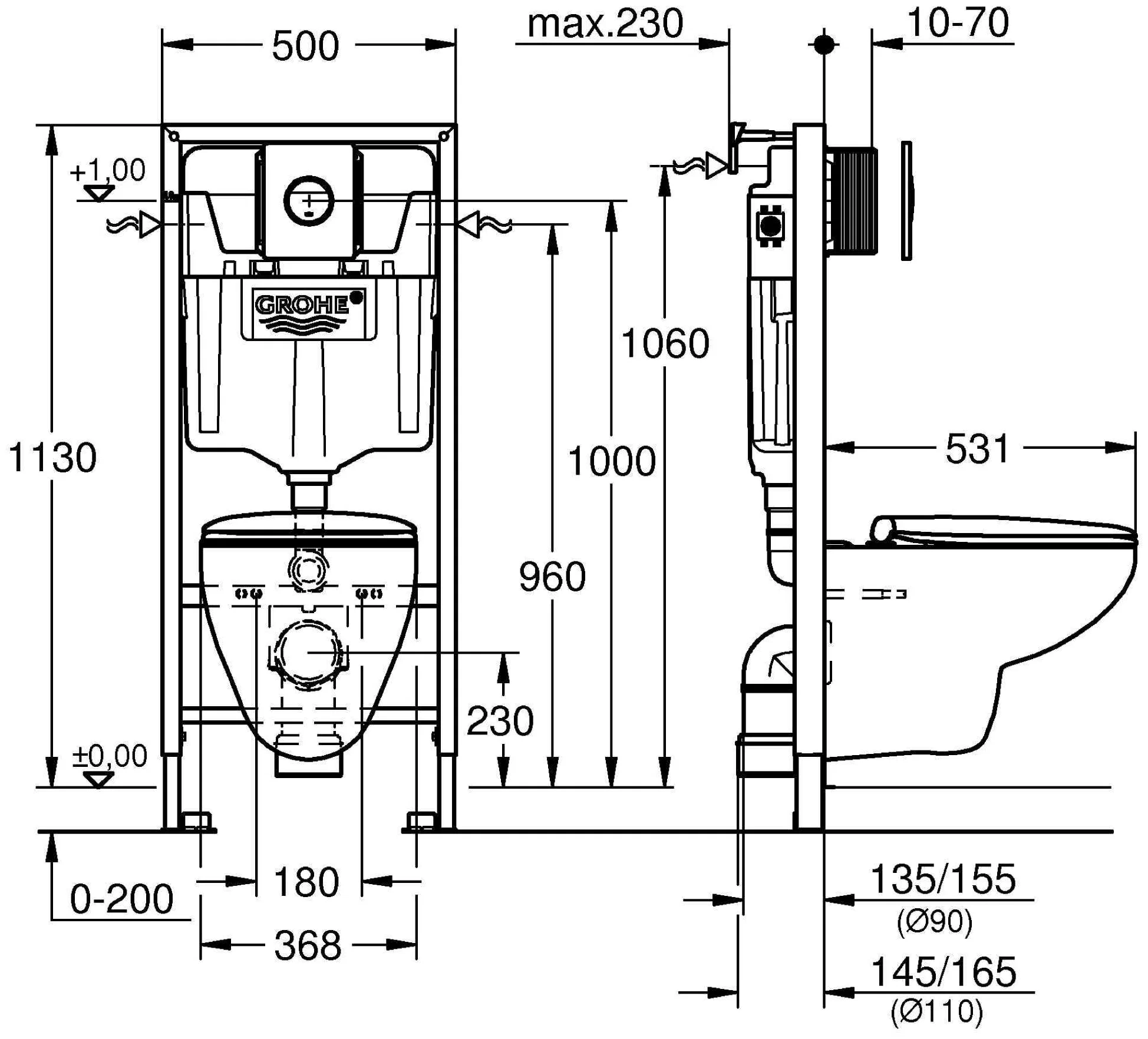 Комплект 4в1: Инсталляция с панелью смыва, унитаз с сиденьем Grohe Solido 39499000