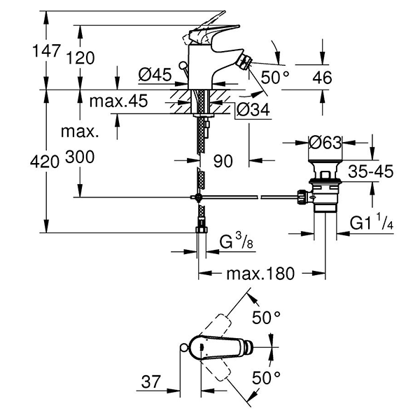 Смеситель для биде GROHE BauFlow с донным клапаном (23754000)