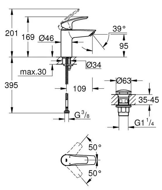Смеситель для раковины с нажимным донным клапаном, размер S, черный Grohe Eurosmart 239222433