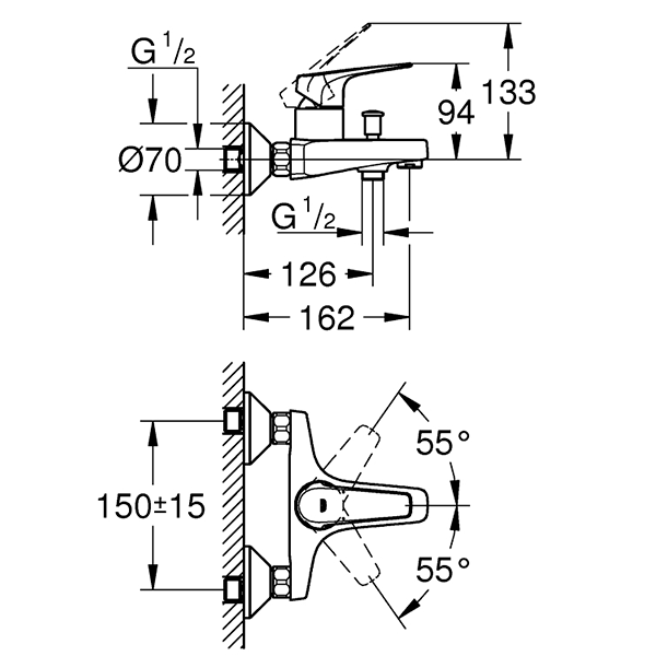 Смеситель для ванны, однорычажный, хром Grohe BauFlow 23601000