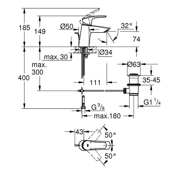 Смеситель для раковины с донным клапаном, хром Grohe Eurosmart 23965003