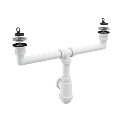 Сифон для двойной мойки с нержавеющими решетками d70 и подводкой Alcaplast A449-DN50/40