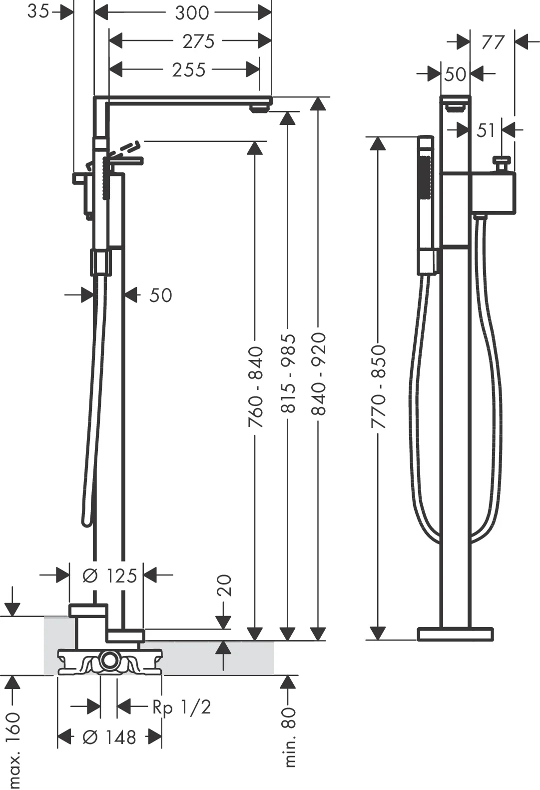 Смеситель для ванны, напольный, хром Axor Edge 46441000