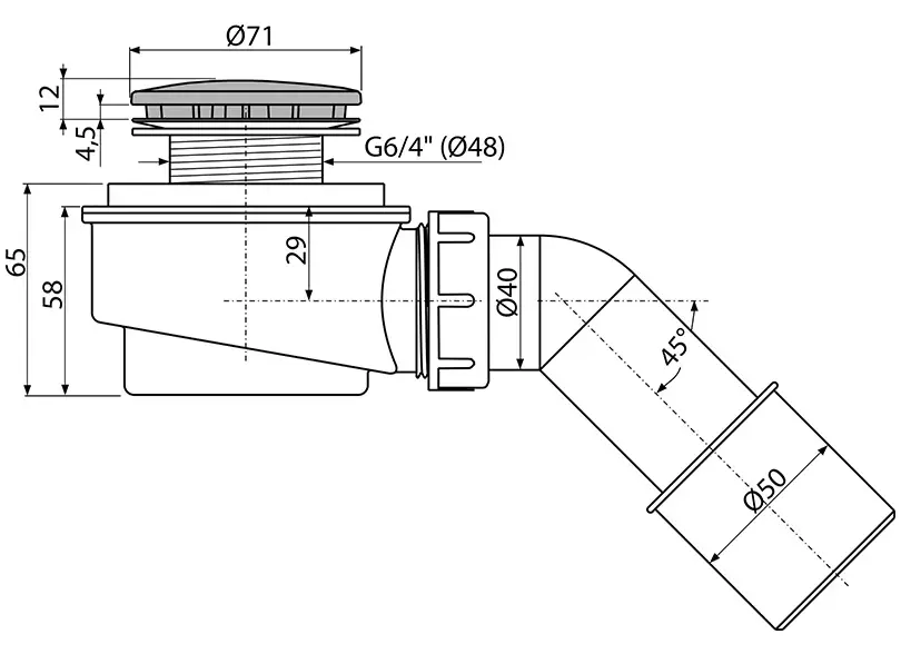 Выпускной комплект для душевого поддона, заниженный, хром Alcaplast A471CR-50