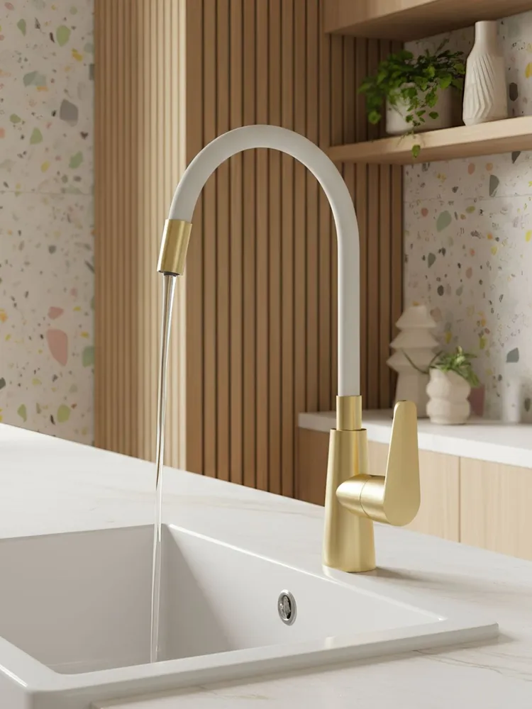 Смеситель для кухни, гибкий излив, белый-золото ESKO Snake K48GLW