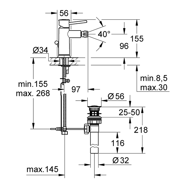 Смеситель для биде GROHE BauClassic c донным клапаном 32864000