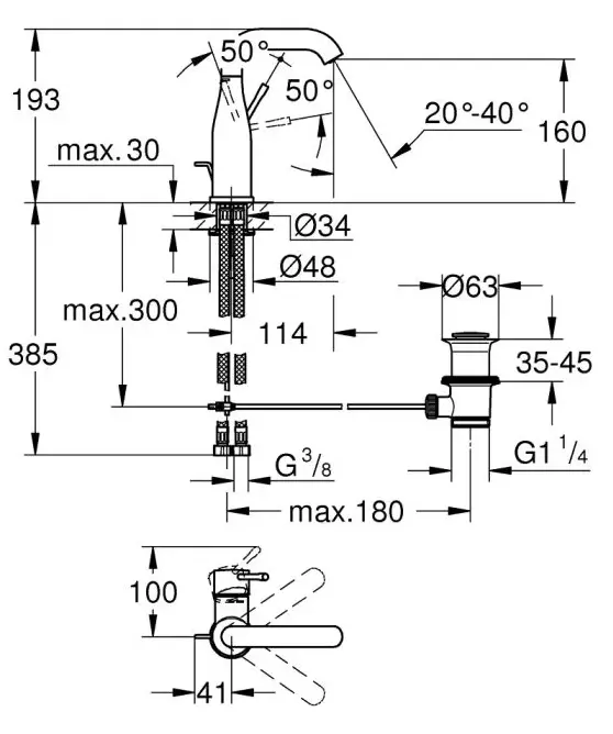 Смеситель для раковины, размер M, темный графит матовый Grohe Essence 24173AL1