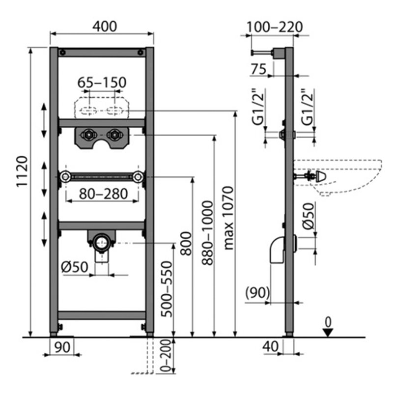 Инсталляция для раковины, монтаж смесителя из стены Alcaplast A104A/1120