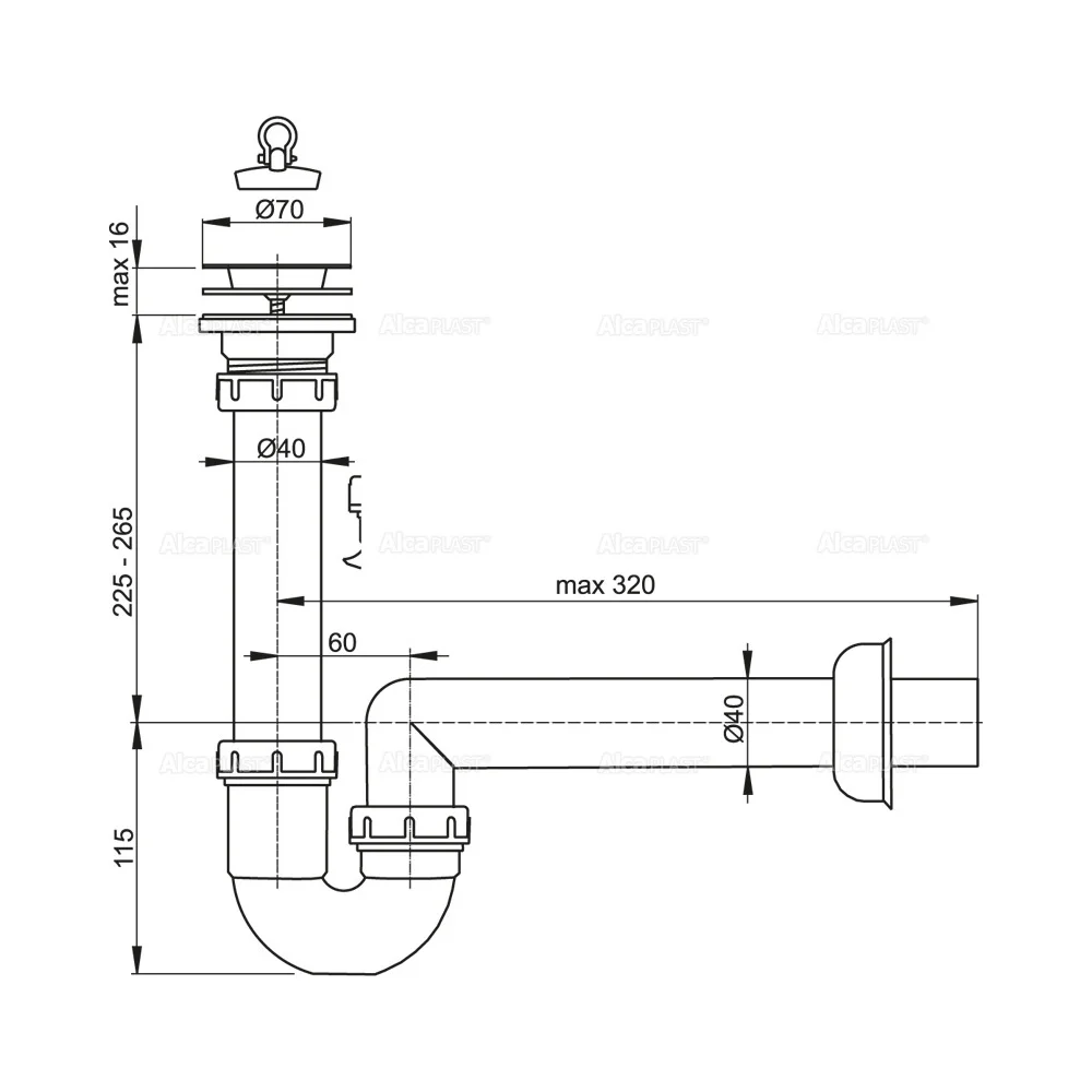 Сифон трубчатый, с нержавеющей peшeткой D70 Alcaplast A800-DN40