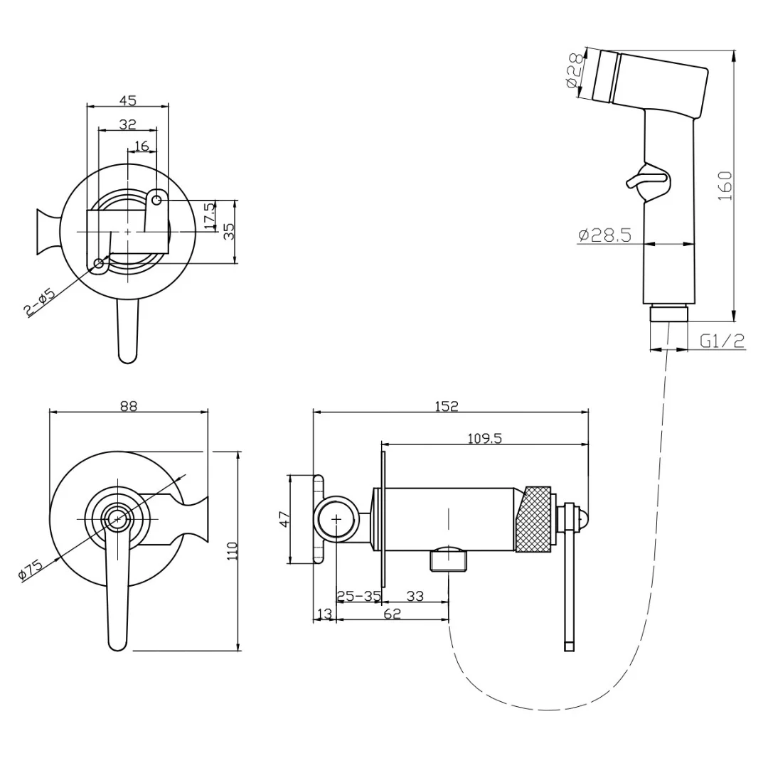 Гигиенический душ со смесителем, встраиваемый, оружейная сталь ESKO SMHBGGM