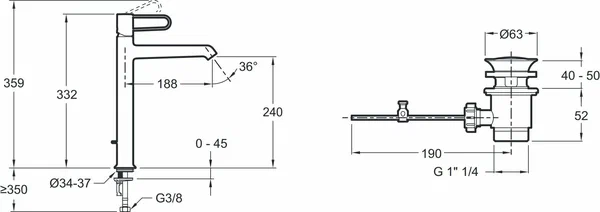 Смеситель для раковины с донным клапаном, черный Jacob Delafon Odeon Rive Gauche E21030-BL-BL