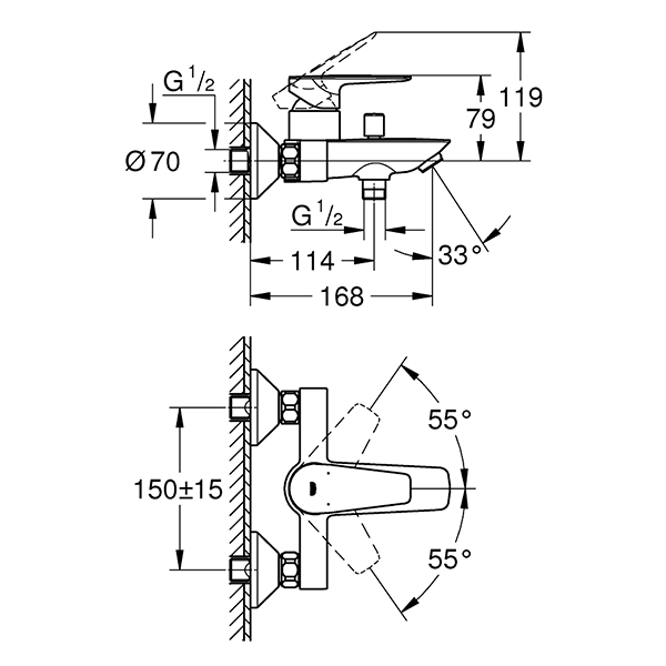 Смеситель для ванны, наружный, хром Grohe BauEdge 23604001