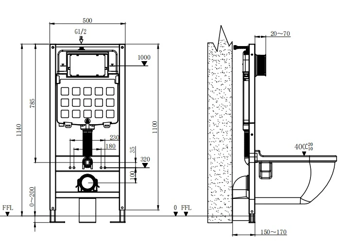 Инсталляция для подвесного унитаза, оружейная сталь Nuca N5108P2703GG