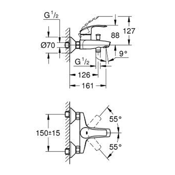 Смеситель для ванны Grohe Eurosmart, настенный монтаж 33300002