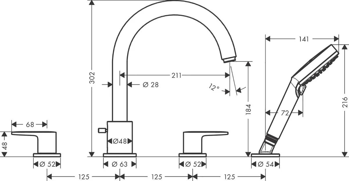 Смеситель для ванны на 4 отверстия, хром Hansgrohe Vernis Blend 71456000