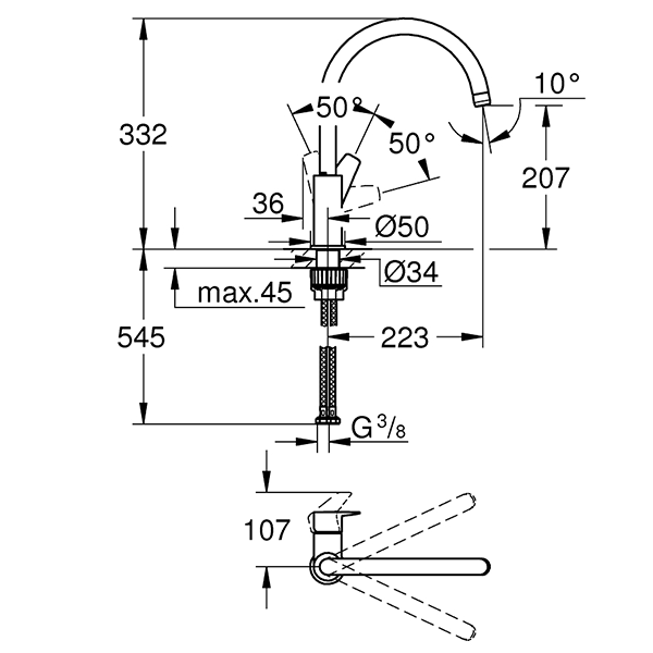 Смеситель для кухни, высокий излив, хром Grohe BauEdge 31367001