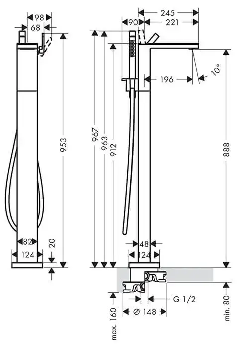 HG47442990 Hansgrohe Смеситель напольный для ванны