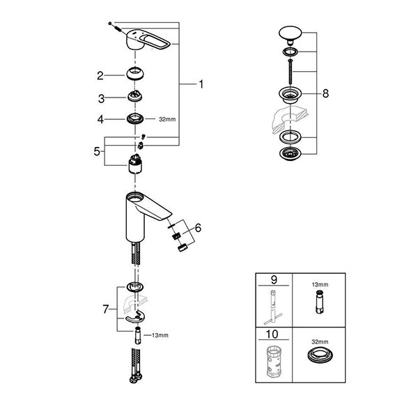 Смеситель для раковины, размер M, хром Grohe Eurosmart 23981003
