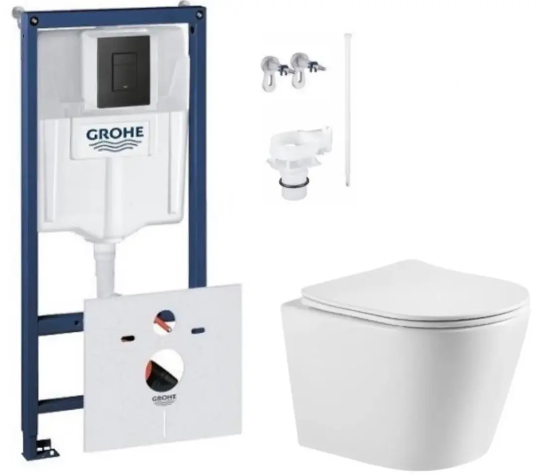 Комплект 4в1: Инсталляция с панелью смыва 1000046, унитаз со смывом торнадо и сиденьем WCT3030 SSWW 