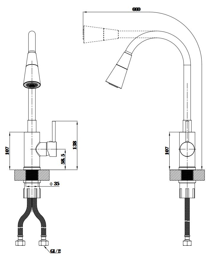 Смеситель для кухни, гибкий излив, черный ESKO K47BB