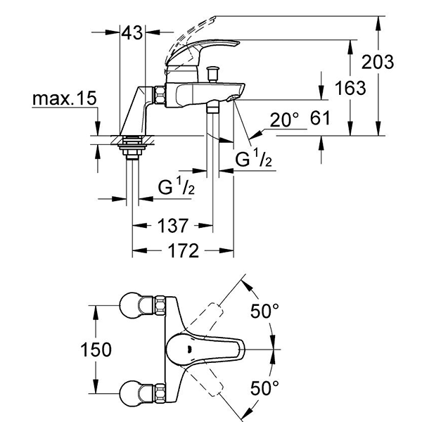 Смеситель для ванны, вертикальный монтаж, хром Grohe Eurosmart 33303001