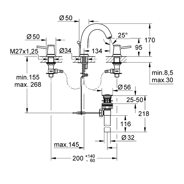 Смеситель для раковины GROHE BauClassic на 3 отверстия, 20470000