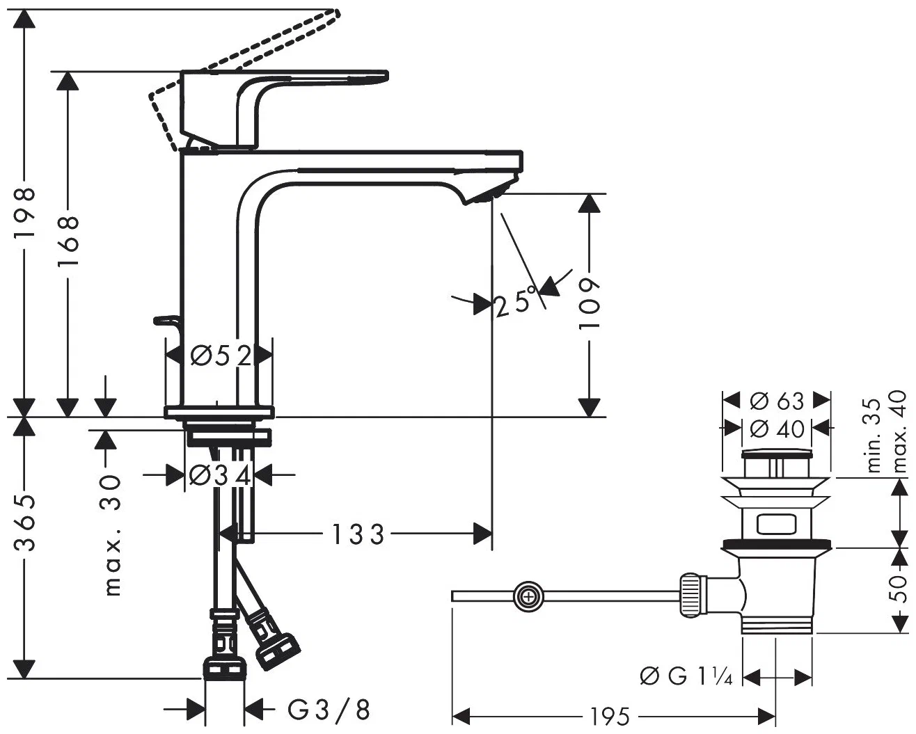 Смеситель для раковины 110, с донным клапаном, черный Hansgrohe Rebris S 72517670