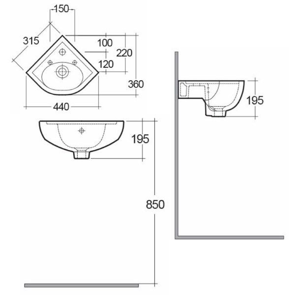 Раковина подвесная 44, угловая, белая Rak Ceramics Compact CO2601AWHA