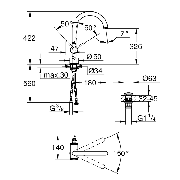 Смеситель для раковины, размер XL, хром Grohe AtRio New 32647003