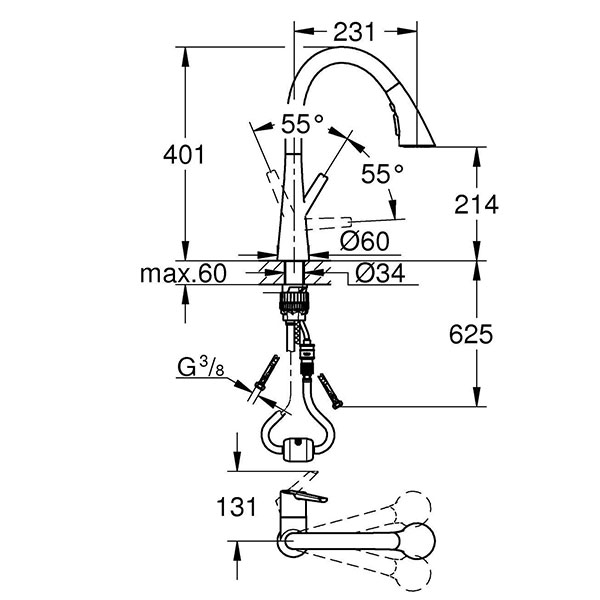 Сместитель для кухни, вытяжной излив, хром Grohe Zedra 32294002