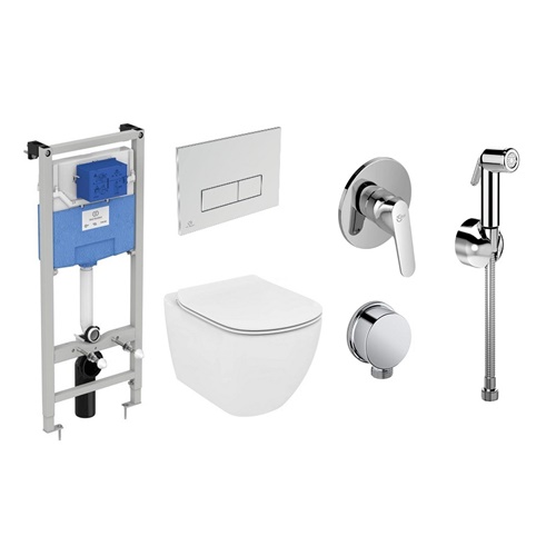 Комплект 5в1: Инсталляция, панель смыва, унитаз с сиденьем, гиг. душ Ideal Standard TESI K20102701