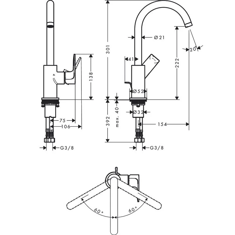 Смеситель для раковины 210, с донным клапаном, хром Hansgrohe Rebris E 72576000