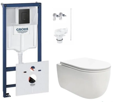 Комплект 4в1: Инсталляция с черной панелью смыва 1000046, унитаз со смывом торнадо и сиденьем WCT301