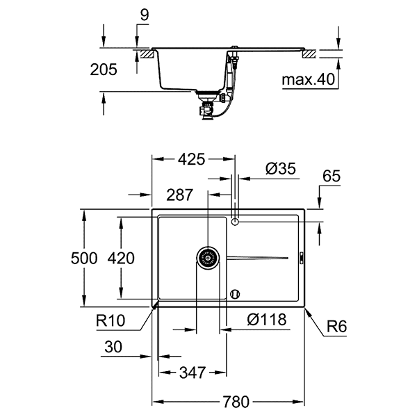 Мойка K400, композитная, с крылом, 780x500, серый гранит GROHE 31639AT0