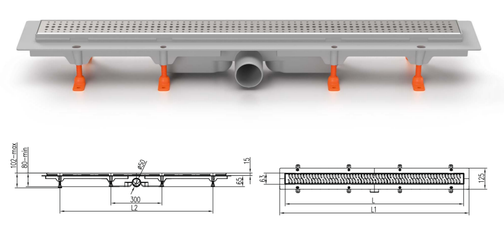 Трап линейный для пола, боковой слив MCH CH650/50KN1