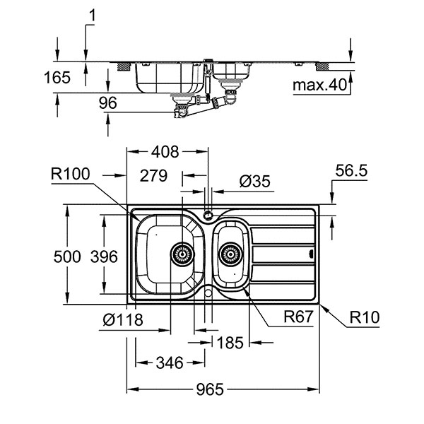 Мойка K200, оборачиваемая, 965x500, нержавеющая сталь Grohe 31564SD1