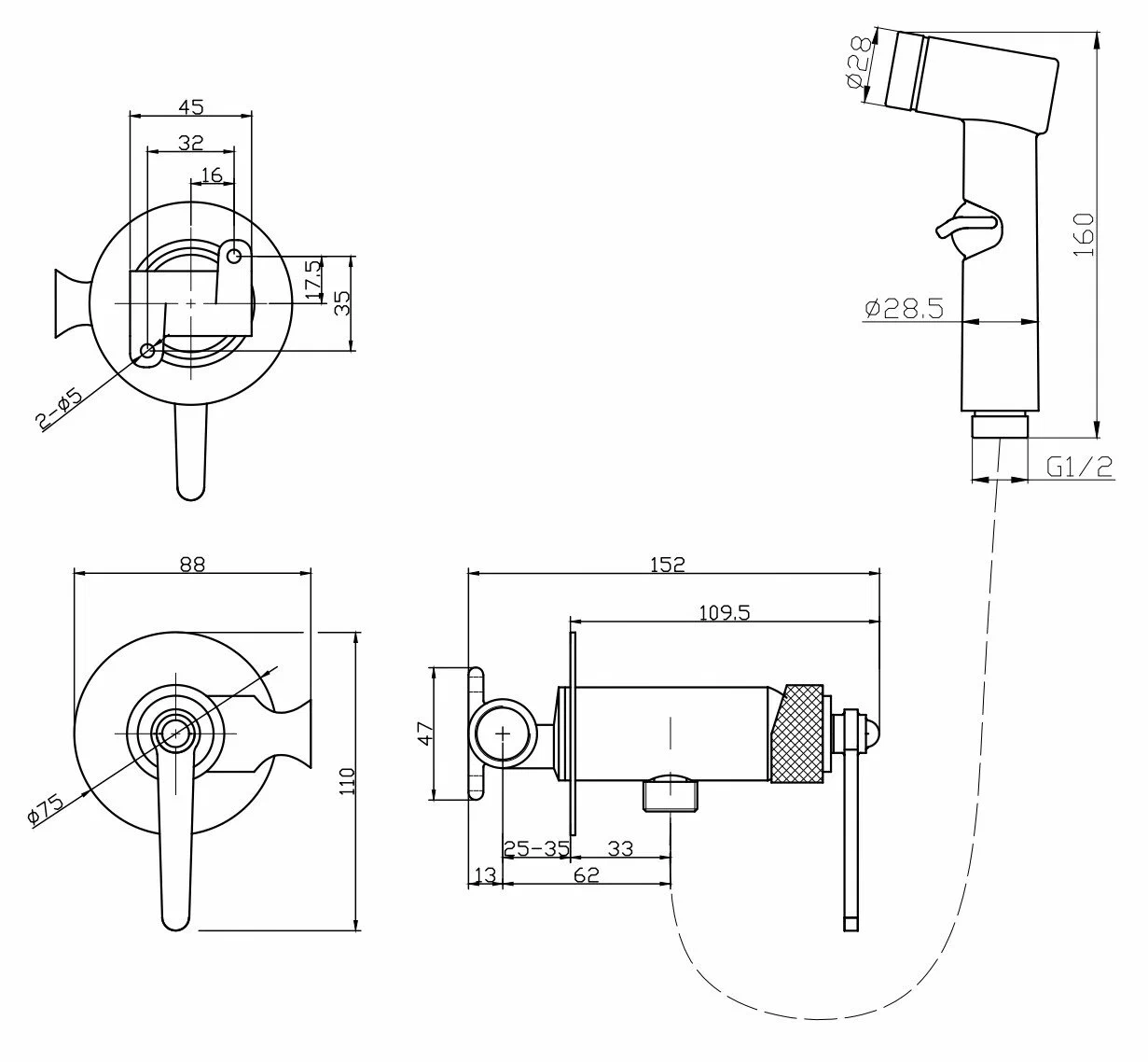 Гигиенический душ со смесителем, встраиваемый, хром ESKO SMHBG