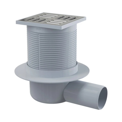 Трап точечный для пола 105x105/50, боковой слив, решетка нерж. сталь, гидрозатвор Alcaplast APV1