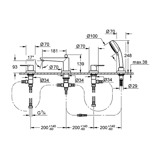 Смеситель для ванны, на 4 отверстия, хром Grohe BauLoop 2511900A