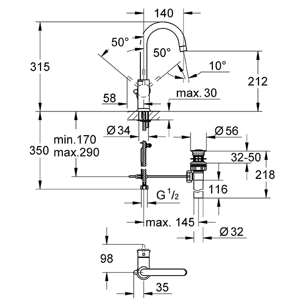 Смеситель для раковины, однорычажный, хром Grohe BauClassic 23095000