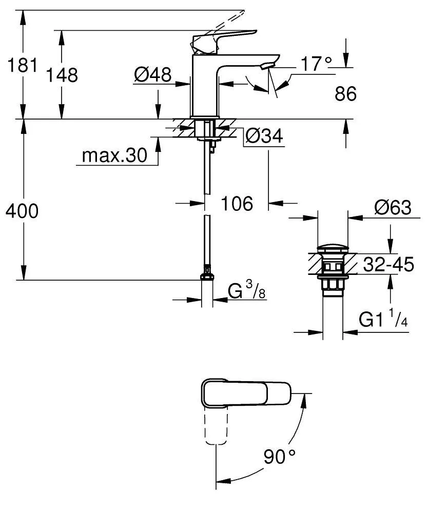 Смеситель для раковины, размер S, хром Grohe Cubeo 1017320000