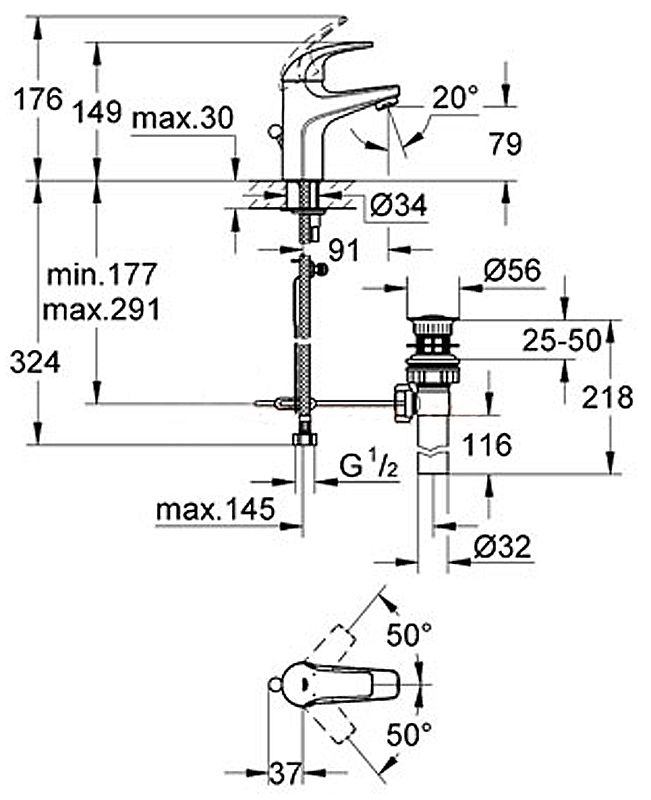 Смеситель для раковины с донным клапаном, хром Grohe BauCurve 23164000