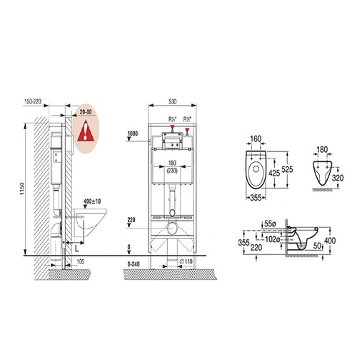 Комплект 4 в 1 - Инсталляция Roca Victoria, кнопка, унитаз и сиденье 7893100000