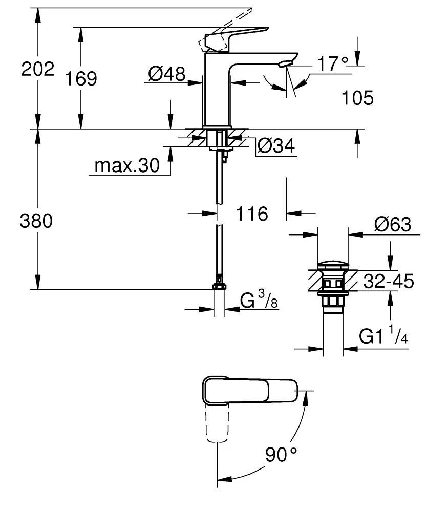 Смеситель для раковины, размер M, черный Grohe Cubeo 1017572430