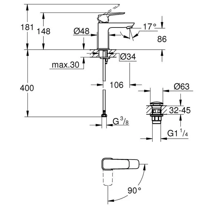Смеситель для раковины, размер S, черный Grohe Cubeo 1017322430