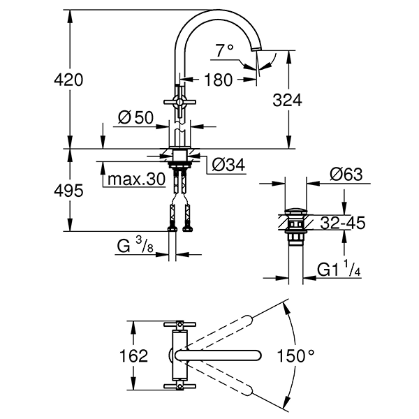 Смеситель для раковины, размер XL, двухвентильный, хром Grohe Atrio 21044003