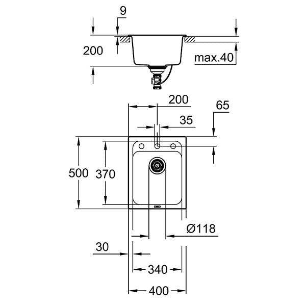 Мойка K700, композитная, 400x500, серый гранит Grohe 31650AT0