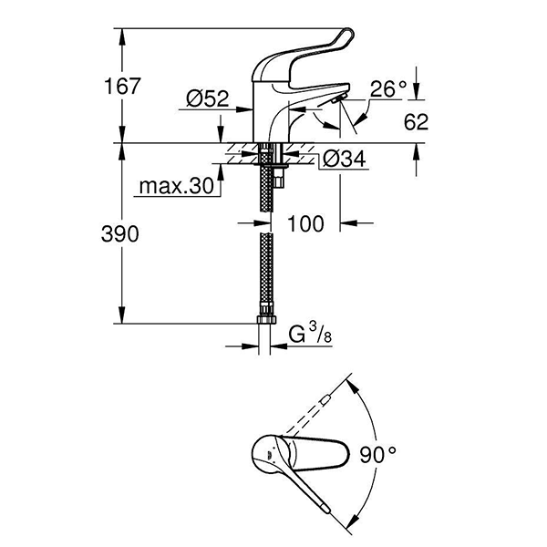 Смеситель для раковины, безопасный, рычаг 120, хром Grohe Euroeco 32789000
