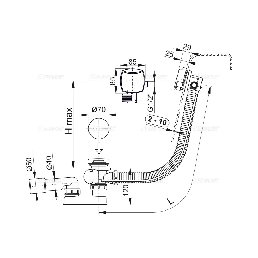 Сифон для ванны 120, автомат, с напуском воды через перелив, хром Alcaplast A564CRM1-120